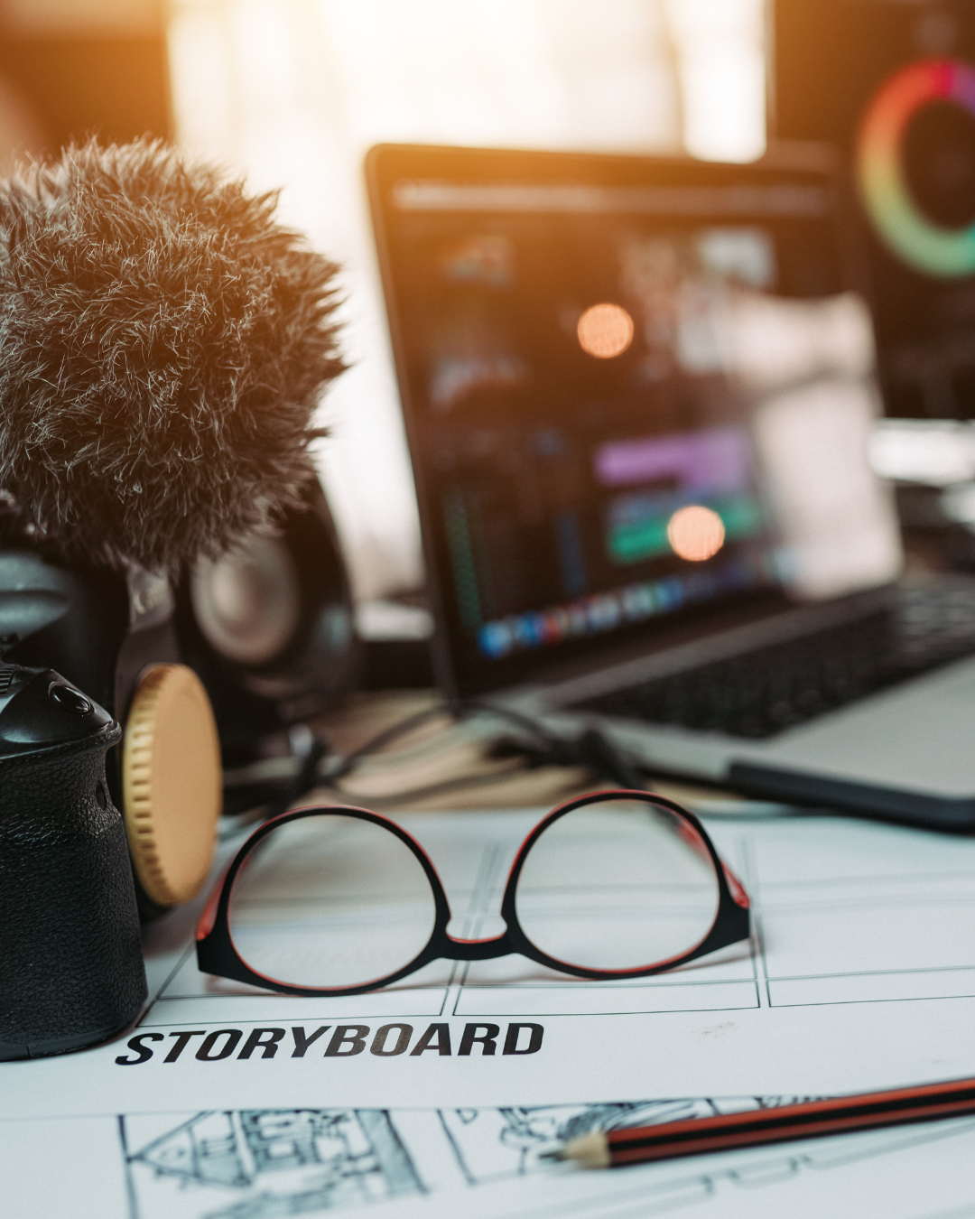 table with a sheet that says STORYBOARD and on next to it are; a laptop, camera with microphone, glasses and a computer