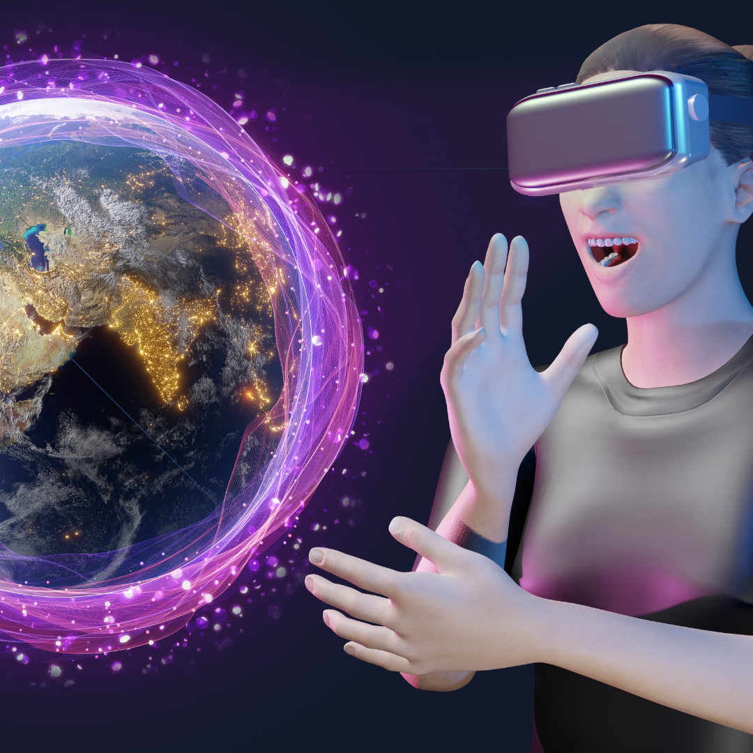 Animated lady standing with a virtual reality headset on in front of animated earth