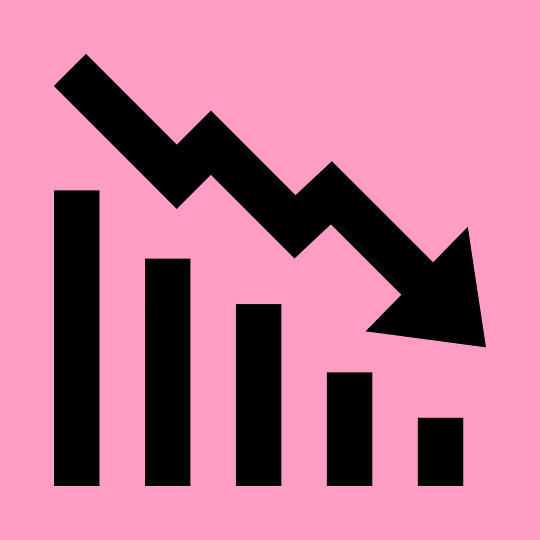 Element of bar graph with arrow going down with pink background colour